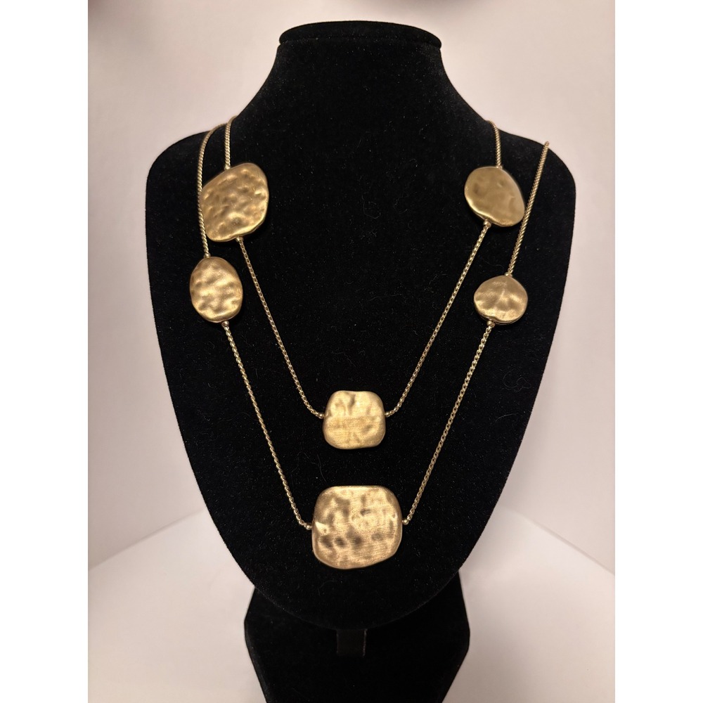 Matte Gold Hammered Geometric Double Strand Layered Necklace Statement Jewelry